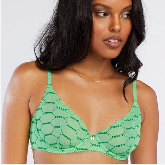 Savage X Fenty Flocked Logo Unlined Bra in Green Cactus - Picture 1 of 9